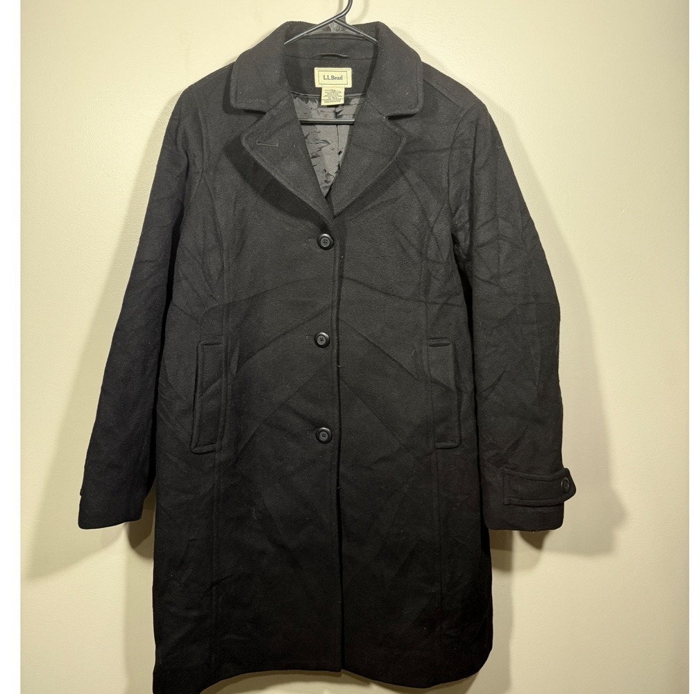 LL Bean Womens Lambswool Black‎ Button Front Coat Jacket Size 12 Regular Luxury